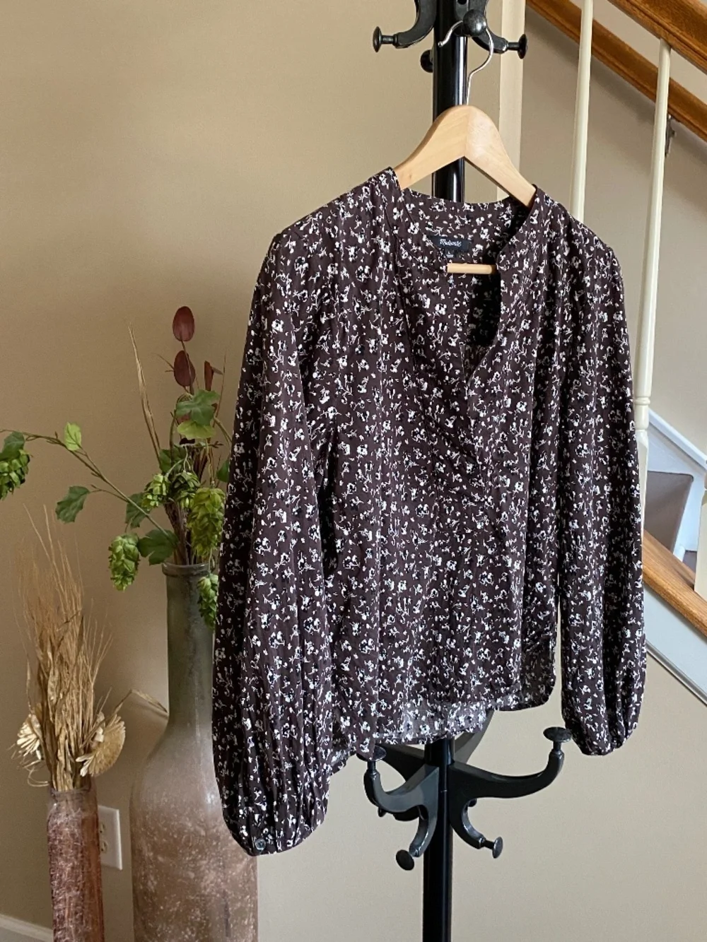 Madewell V-Neck Long-Sleeve Dark Carob Floral Top Size Large